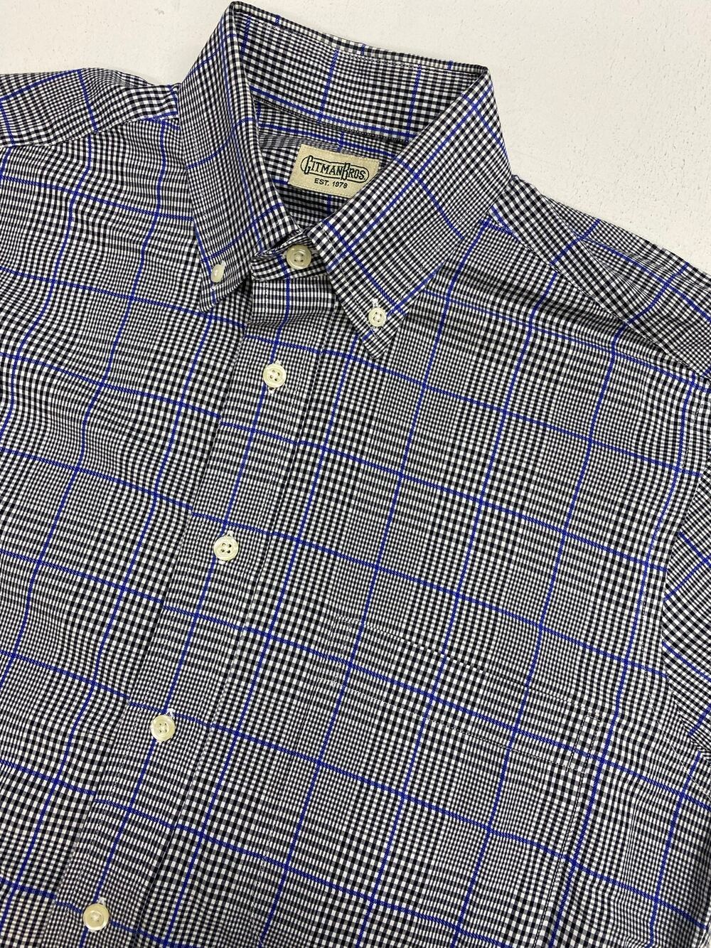 VTG Men Gitman Brothers USA black blue plaid button down cotton dress shirt M